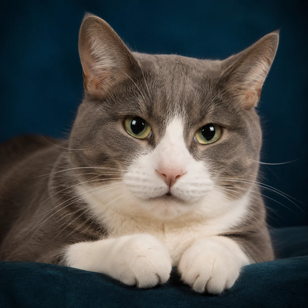 A calm gray-and-white cat resting its paws; illustrative portrait.